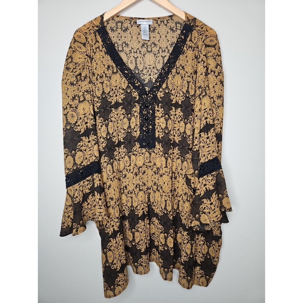 Catherine's Blouse 5X Brown Accordion Pleat Crochet Trim Boho Dark Fairy Edgy